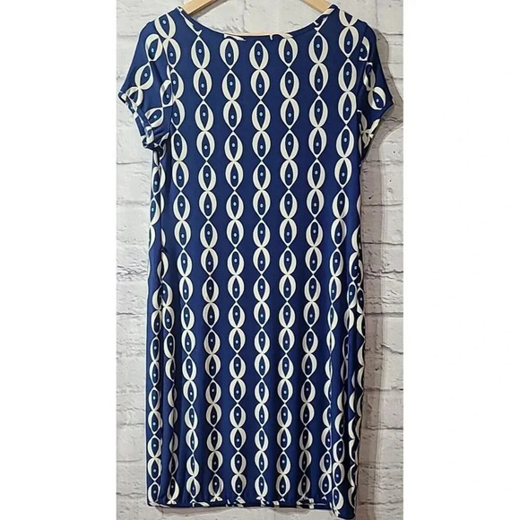 Leota Maternity Dress Women's Medium Knee-Length Blue Cream Stretch Career Flaw - Picture 2 of 6